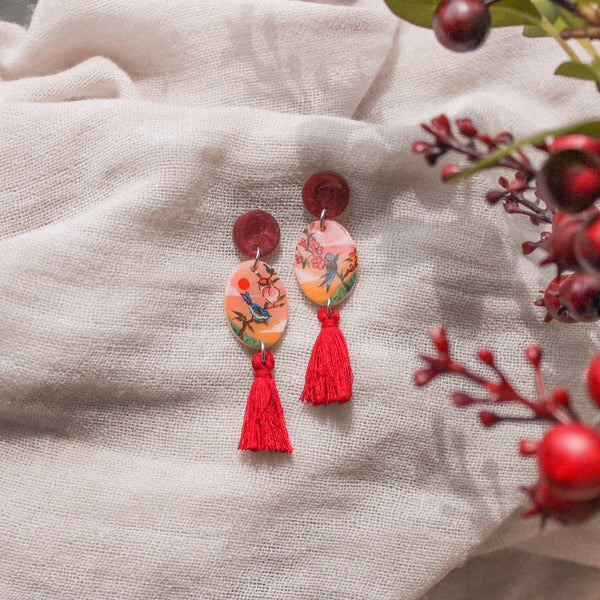 Oriental Sparrow and Blossoms Earrings