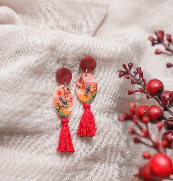Oriental Sparrow and Blossoms Earrings